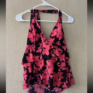 Aqua Green Red Black Tiered Ruffle Front Halter Tankini Swim Top Size Large